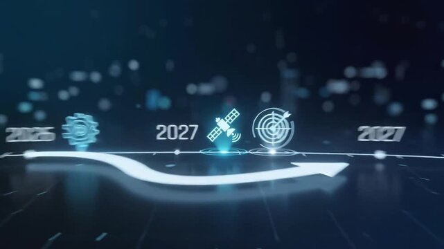 Futuristic business growth trajectory with gear and chart icons on digital grid