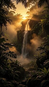 Golden hour sunlight illuminating the silhouette of a secluded waterfall surrounded by lush green tropical plants and mist