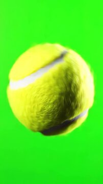 Yellow fuzzy tennis ball spinning and flying directly towards the camera lens on a bright green background for motion transition effects