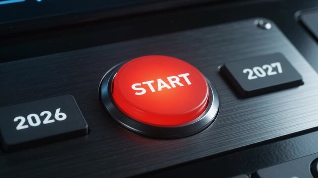 Red start button transitioning between years 2026 and 2027 on sleek device