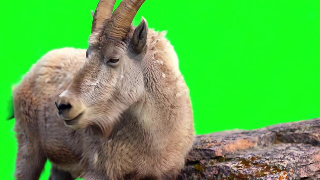 Realistic mountain goat standing on a ledge looking around and chewing against a chroma key green screen background
