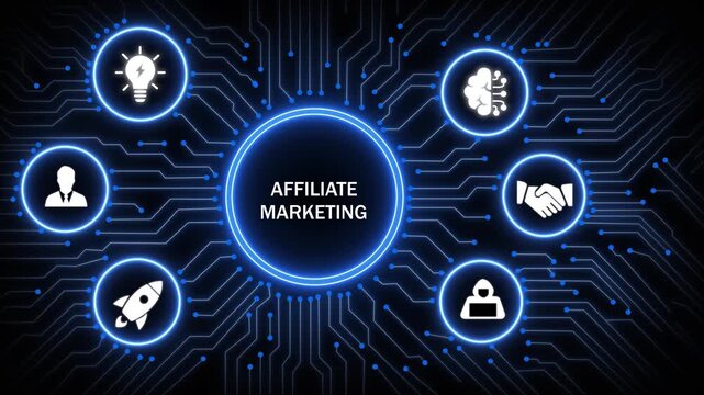 Affiliate marketing digital concept with glowing circuit board background, featuring animated for business growth, artificial intelligence, strategic partnership, innovation, and online success