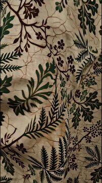 Slow panning shot of an earthy forest batik texture with deep green and brown floral motifs on a textured linen surface