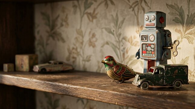 Vintage Tin Wind-Up Toys and Die-Cast Car on Wooden Shelf