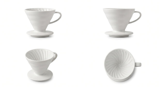 Ceramic V60 Cone Coffee Pour-Over Filter Dripper with Spiral Interior Ribs Isolated on White Background 4 Different Angles
