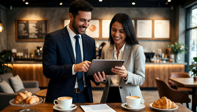 Smiling Business Colleagues Discussing Digital Data on Tablet Device While Sitting at a Modern Cafe Table with Coffee and Croissants in a Stylish Urban Coffee Shop Setting