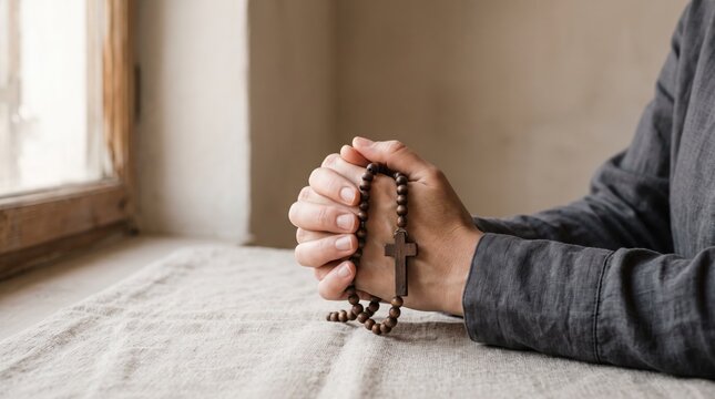 Hands holding wooden rosary beads in prayer, religious faith devotion, spiritual contemplation, Christian worship practice, peaceful meditation and biblical reflection indoors.