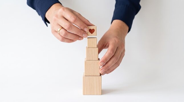 Hands stacking wooden blocks pyramid with heart symbol on top representing love building, family values, emotional support structure, relationship foundation, care and affection
