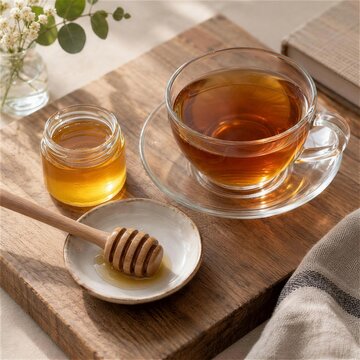 蜂蜜瓶とハニーディッパーを添えたガラスカップの紅茶