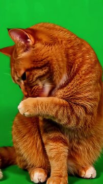 Fluffy domestic ginger cat sitting and washing its face with paws against a professional green screen background
