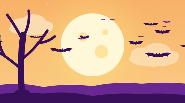 Animated Flying Bats Silhouette Background with Full Moon for Halloween