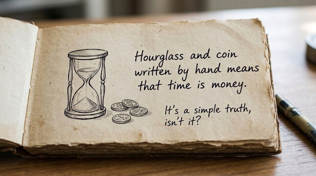 Hourglass and Coins on Old Paper Time is Money Concept Business and Finance