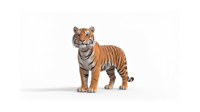 Striking 3D illustration of a majestic tiger standing on a white background, showcasing detailed orange and black stripes and powerful posture