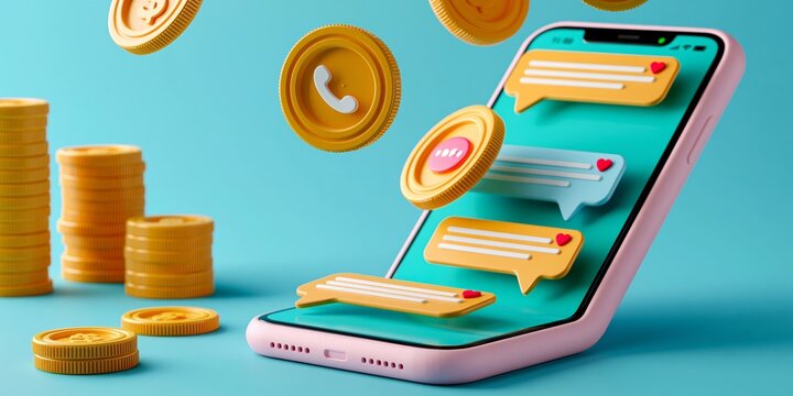 Pink smartphone showing chat bubbles with hearts surrounded by falling gold coins on a blue background.