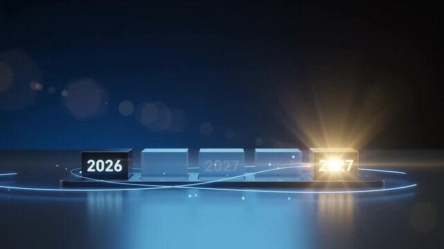 Business professional placing 2027 block on timeline staircase for future planning presentation