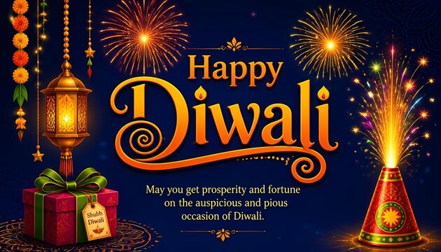 Happy Diwali background with fireworks, lantern, and gift box.