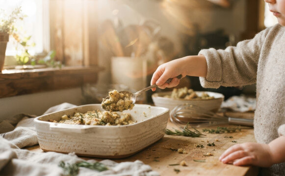 Toddler child serving homemade stuffing from ceramic baking dish in rustic kitchen setting with warm morning light for Thanksgiving holiday preparation