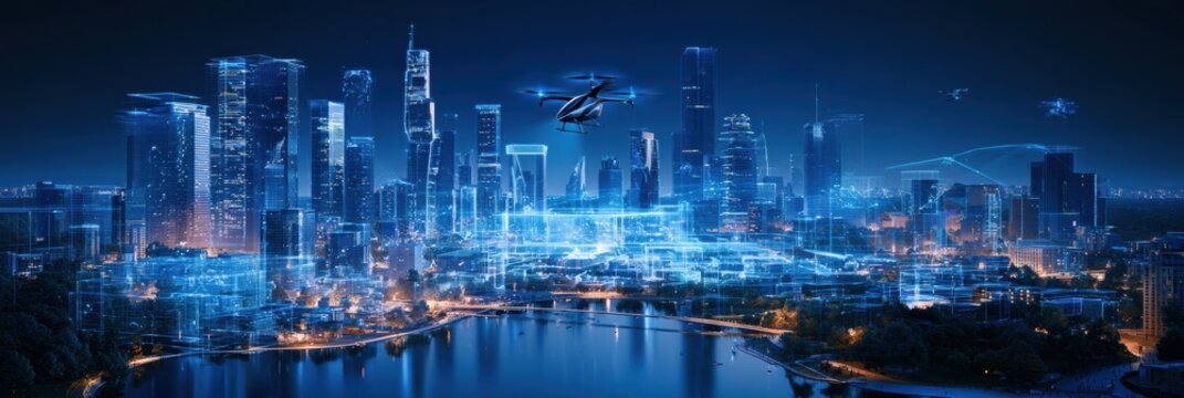 A wide panoramic view of a modern smart city with a flying eVTOL connected to city data systems at night.
