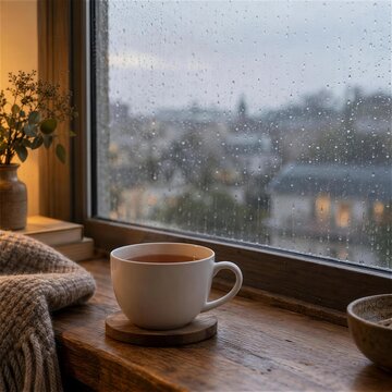 雨粒の窓辺に置いた温かい紅茶の白いカップ