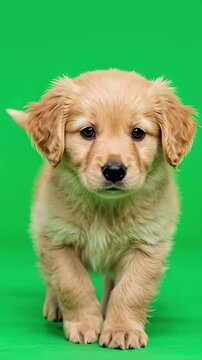 Adorable small puppy walking slowly towards the camera against a professional chroma key green background