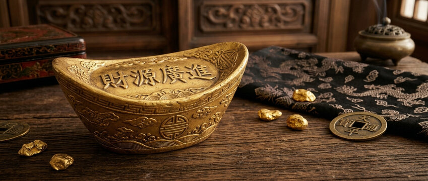 Golden Chinese Yuanbao Sycee Ingots and Ancient Coins on Rustic Wood Table Wealth and Prosperity Concept