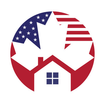 Canada and US border house logo, combination from abstract Canada and US flag and house icon, logo design vector.