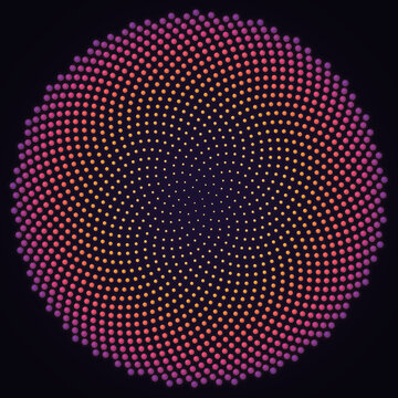 Golden angle phyllotaxis dot spiral glowing from gold to purple on a dark background