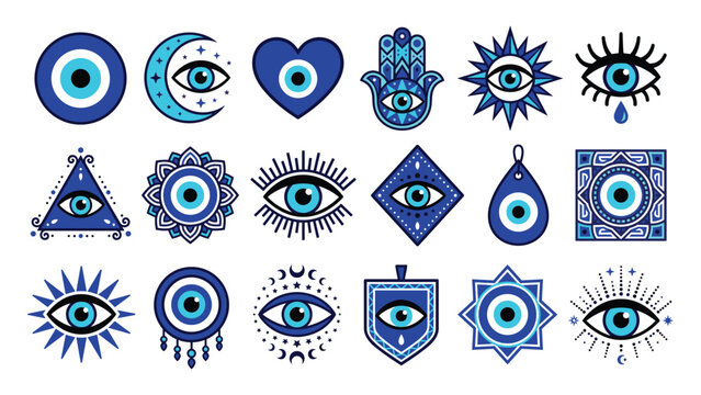 Set of blue evil eye talismans and nazar amulets in various geometric shapes with mystical stars and hamsa hand spiritual symbols