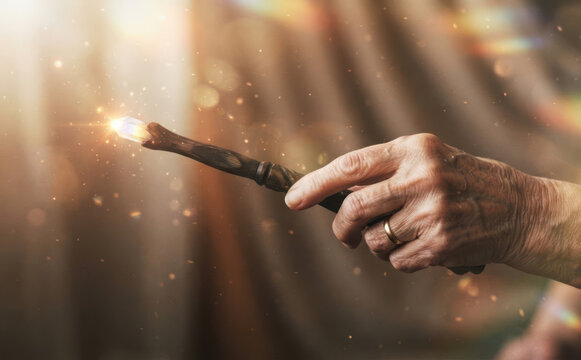 Elderly woman holding a magic wand with glowing crystal casting spells in a mystical fantasy world