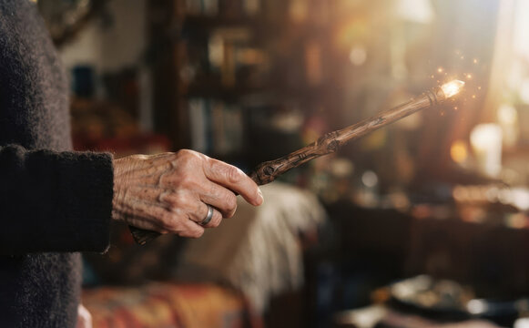 Elderly woman holding a glowing magic wand casting a spell in a cozy room representing fantasy and witchcraft concepts