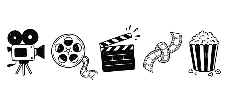 Set of handdrawn cinema and movie industry elements including vintage camera film reel clapperboard and popcorn on a plain white background