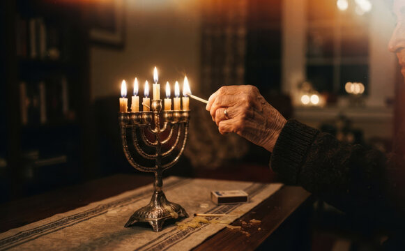 Elderly woman lighting Hanukkah menorah candles at home representing tradition and family celebration