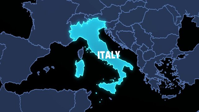 4K loop animation of a futuristic holographic 3D digital globe rotating and zooming into an elevated glowing Italy map with neon borders and 3D country text. Ideal for geopolitics, tech broadcast, Eur