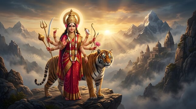 Goddess durga standing with a tiger on a mountain peak near a himalayan temple at sunrise, divine spiritual scene