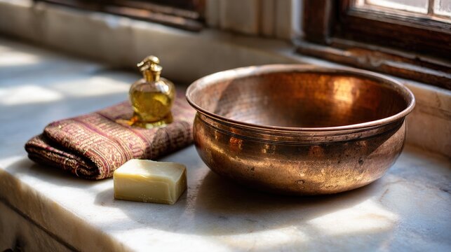 hamam. Traditional hamam bath tools: copper bowl, kese glove, and olive oil soap on marble bench. event prograield, clean composition --ar 16:9 --raw --v 7 Job ID: 8c8484e2-a51f-4975-b948-421997490d9b