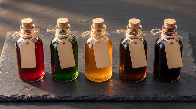 Five glass bottles of colourful herbal syrups with kraft tags on slate