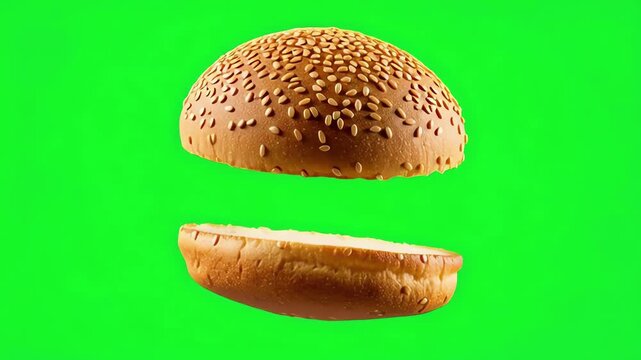 Sesame seed burger bun halves rotating slowly in mid air against a bright green screen background for easy keying and food compositing