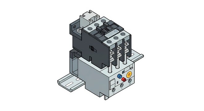Industrial heavy-duty magnetic AC contactor with thermal overload relay for electrical motor control isolated on white background. Electrical panel hardware and automation component vector illustratio