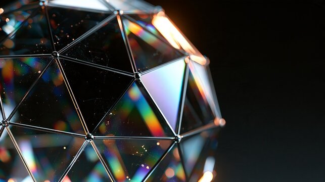虹色の反射を見せる球体の三角形パネルと網目の接写。DX広告やテクノロジー製品紹介に映える3D抽象背景素材