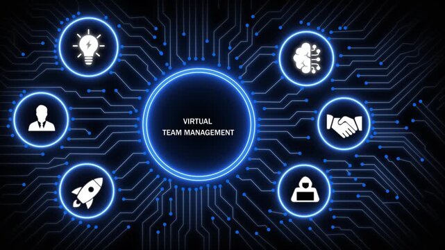 Advanced virtual team management digital interface featuring glowing circuitry network for global remote workforce collaboration, corporate digital transformation, and modern business connectivity