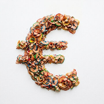 Euro Symbol Made of Colorful Pencil Shavings on White Background Creative Finance Concept