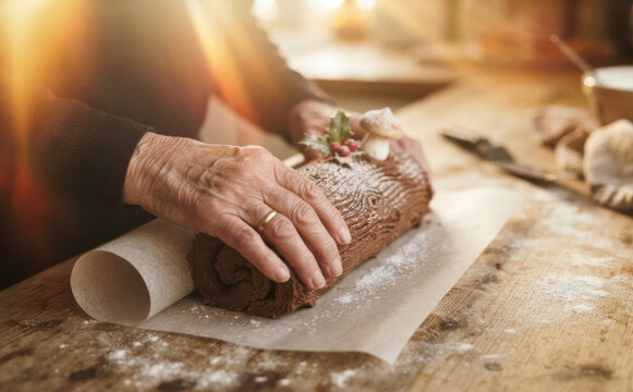 Elderly woman preparing traditional chocolate yule log cake for Christmas dessert on rustic wooden kitchen table