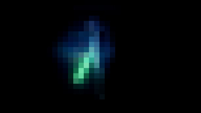 glowing blue and green pixel art abstract figure on black futuristic digital background