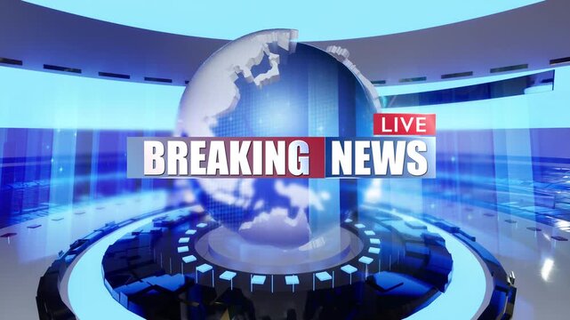 Live Breaking News Banner with Rotating Blue Globe in Futuristic Studio