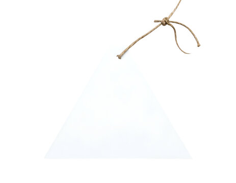 Isolated blank white triangular tag tied with rough twine, isolated on white