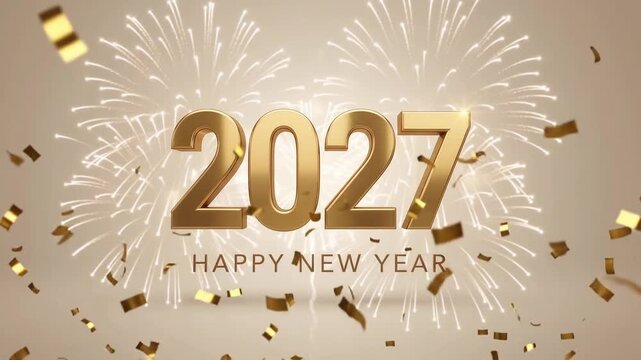 Happy New Year 2027 celebration confetti animation gold text festive background