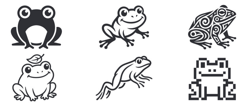 Frog icons with diverse styles isolated on transparent background. Amphibian symbols for branding and design. Frog, Toad, Leaping Frog, Sitting Frog, Pixelated Frog. Minimalist vector illustration.