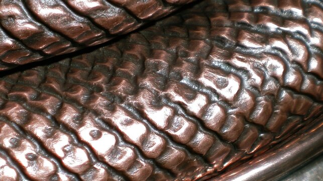 raking. Extreme close-up of textured hammered copper surface with dramatic shadows. safety posters, maintenance manuals, designed for precision metalworking and fabrication facilities.