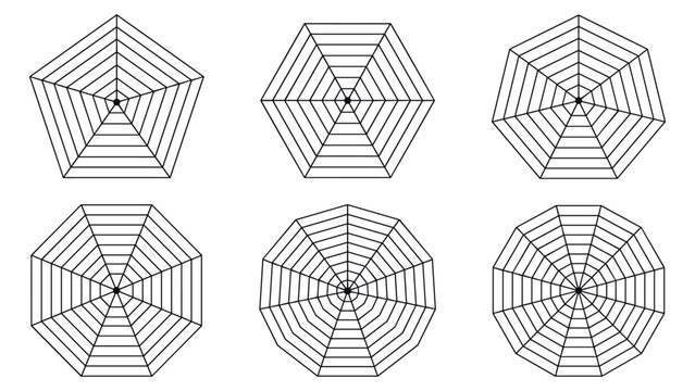 Set of six geometric polygon spider web charts with various sides and radial lines isolated on a clean white background design
