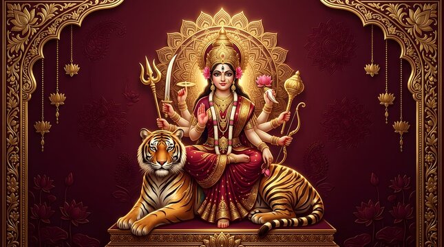 Goddess durga sitting on a tiger with traditional weapons and lotus flowers, ornate background